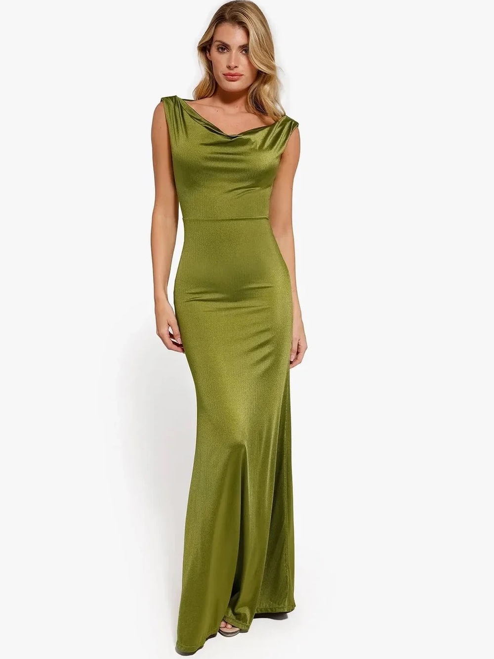 Popilush Green Cowl Neck Shapewear Convertible Shine Sculpting Mermaid MaxiDress